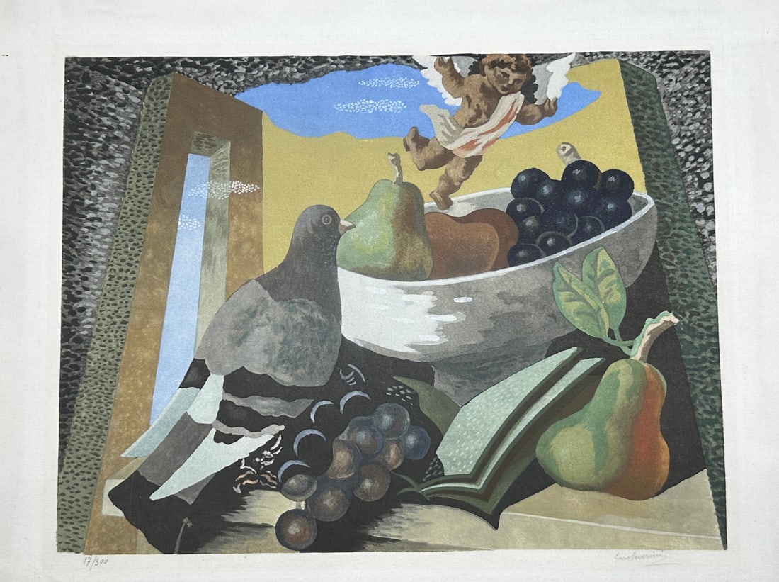 Gino Severini Pochoir. Natura Morta con Fruttiera e Colomba.: Gino Severini Still Life with Fruit Bowl and Dove, c. 1930. Pochoir on paper, signed and numbered in pencil, edition of 300. Previously framed - in very good conditions. Reference D. Fonti #545 Size: