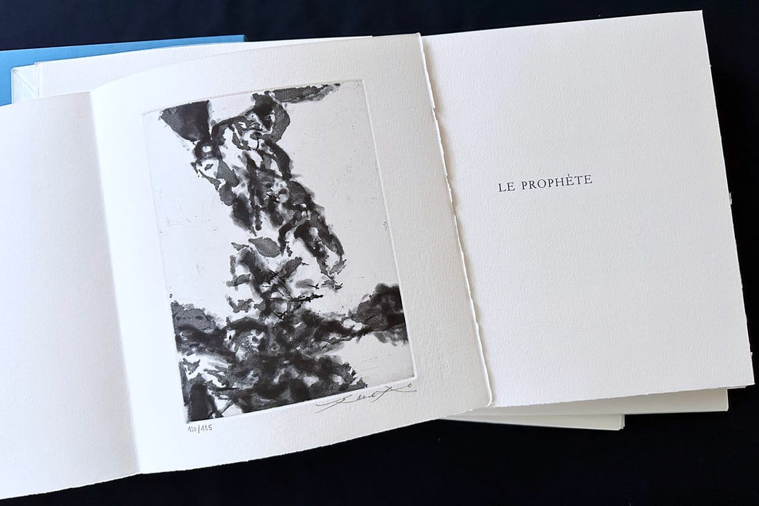 Zao-Wou-ki. Le Prophète. With a signed/numbered etching, 1992, one of 99 copies: Paris: Marwan Hoss / Imprimerie nationale, 1992. Three volumes (23.9 × 21.8 cm), in folded printed covers, housed in the original slipcase. French edition of Khalil Gibran’s The Prophet,