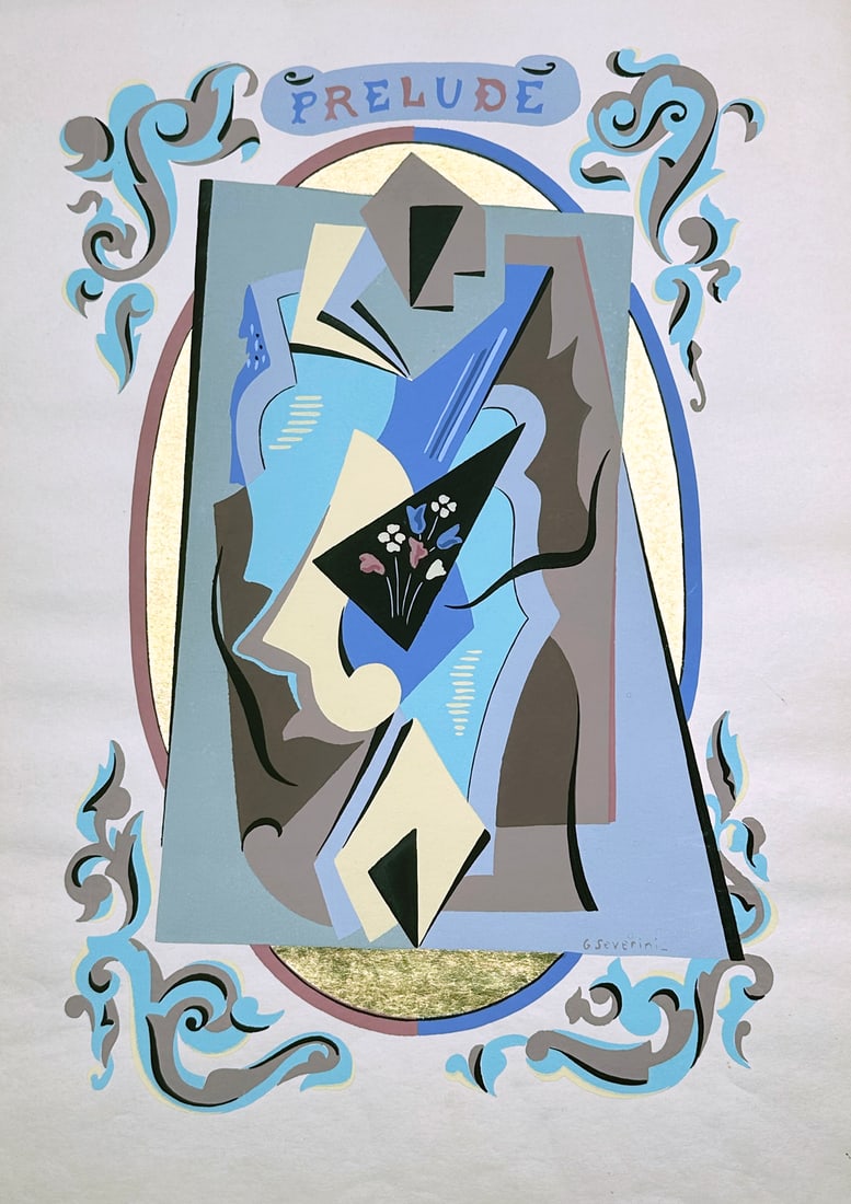 Gino Severini pochoir in color. Prelude, 1930.: Pochoir in colors, with gold accent from the edition of 125 From the Album Fleurs et Masques. Size 18 X 12 ¾ in.Reference Meloni 58 - Previously framed