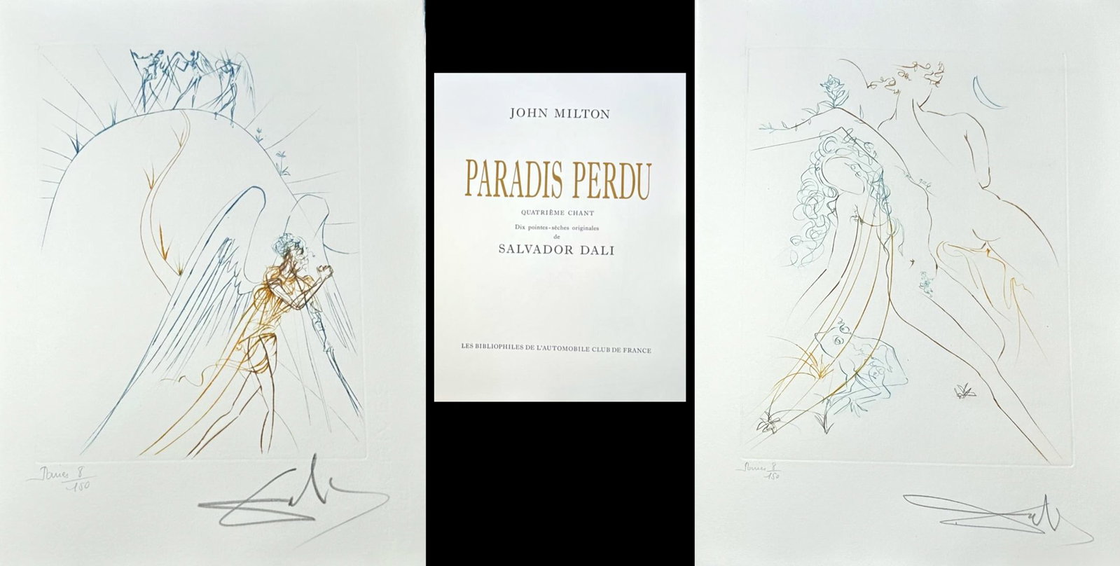 Dali. Paradis Perdu, with 10 signed and numbered drypoints, one of 150 copies, 1974: Dali, Salvador. Paradis Perdu. Milton, John. Translated by Pierre Messian. Les Bibiliophiles de l'Automobile-club de France, 1974. Loose as issued, illustrated by 10 dry-points by Salvador Dali, in