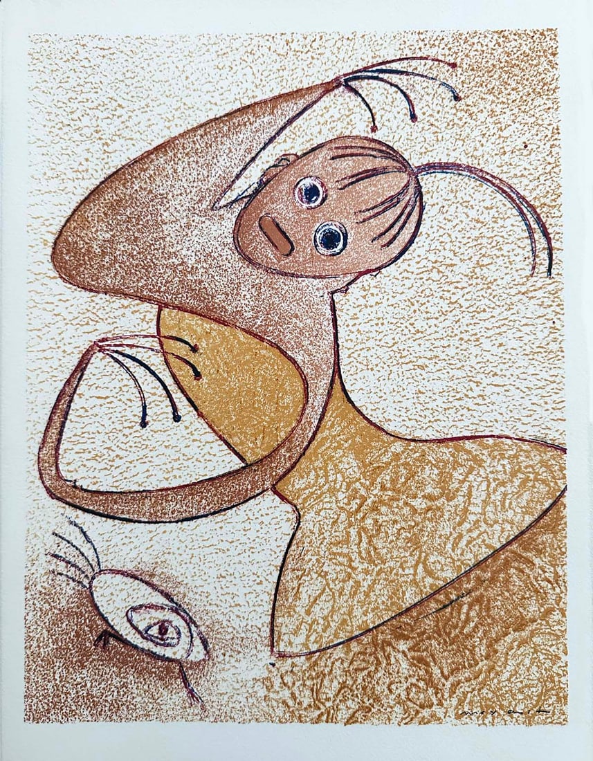 Max Ernst Lithograph 1975. One of 575 copies: Lithograph in color by Max Ernst, signed in plate, printed in Arches wove by Fernand Mourlot in Paris. Original lithograph for the portfolio "San Lazzaro et ses amis", honoring Gualtieri di San