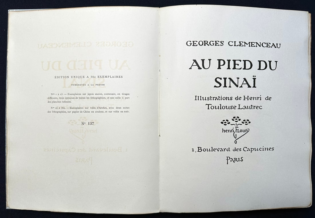 Toulouse Lautrec, Georges CLEMENCEAU. Au Pieds du Sinai. 1898.: CLEMENCEAU, Georges; TOULOUSE-LAUTREC, Henri (illus.). Au Pieds du Sinaï. Henri Floury, Paris, 1898. First edition illustrated by Toulouse-Lautrec, with a double-page two-tone lithographic