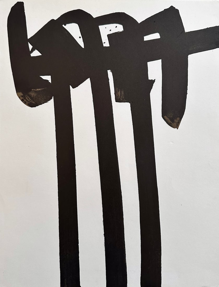 Pierre Soulages Lithograph. 1970. From Xxe siecle.: Original lithograph by Pierre Soulages executed specifically for the French art magazine XX Siecle. Printed at the Mourlot Press in Paris, France in 1970. One of 2,000 copies. Attached at the corners