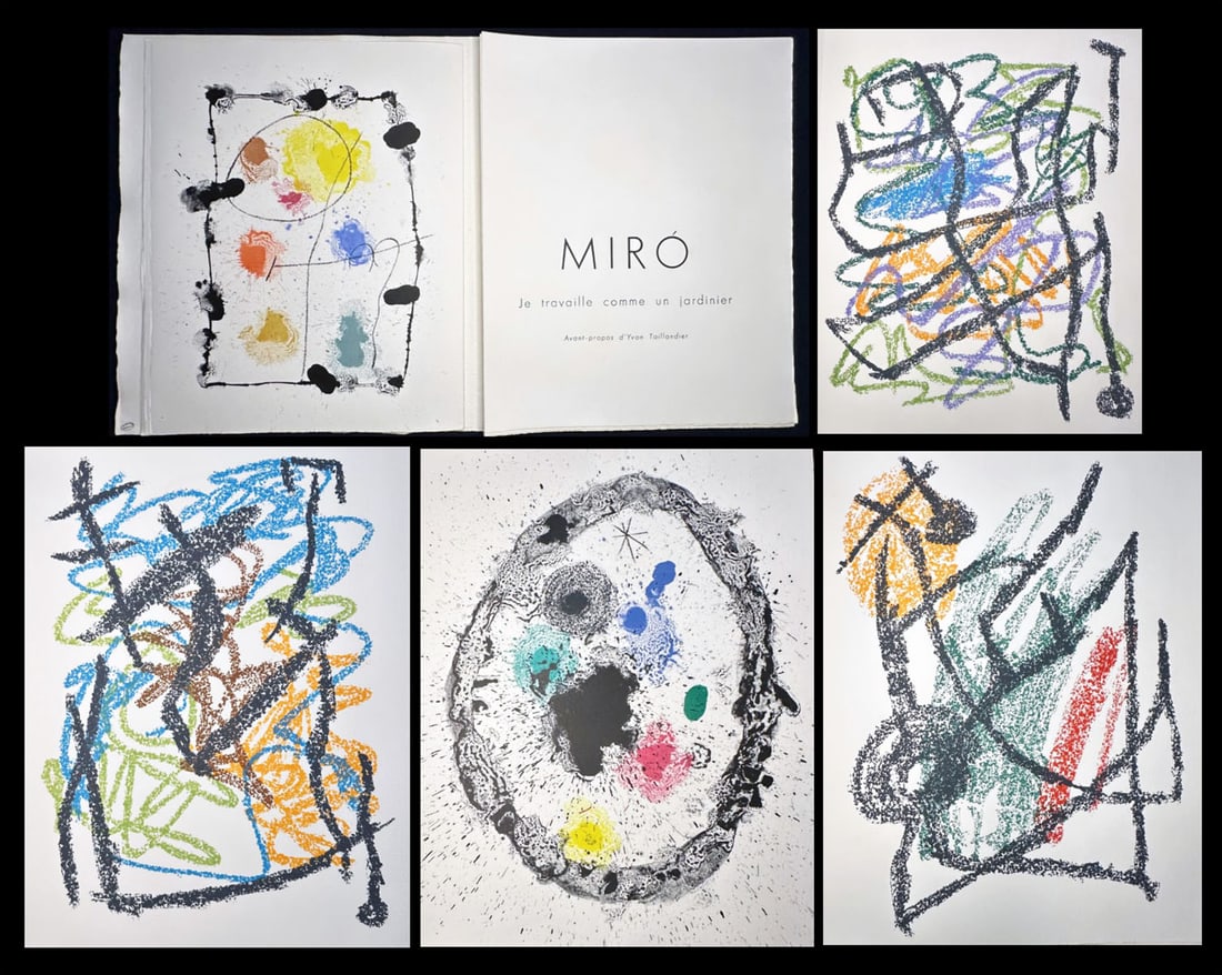 Joan Miró – Je travaille comme un jardinier. with 9 original color lithographs: Joan Miró, Je travaille comme un jardinier (I Work Like a Gardener). Rare portfolio with text by Yvon Taillandier, French art critic and writer, published in Paris by XXe Siècle in 1963. Com