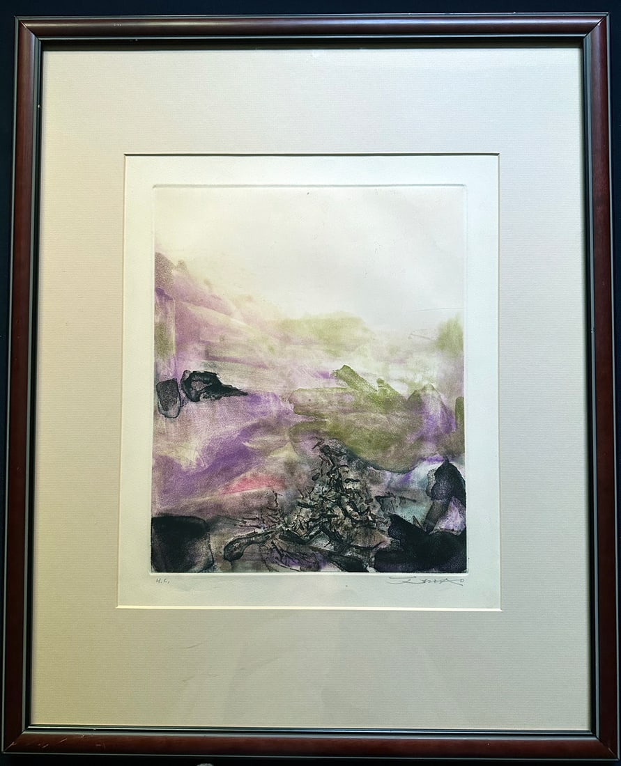 Zao Wou-Ki signed etching from Canto Pisano. 1972.: Color aquatint etching printed from three copper plates on Arches, signed and inscribed H.C. in pencil by the artist. Plate 5 from the 1972 Canto Pisan portfolio published by Pierre Belfond, printed b