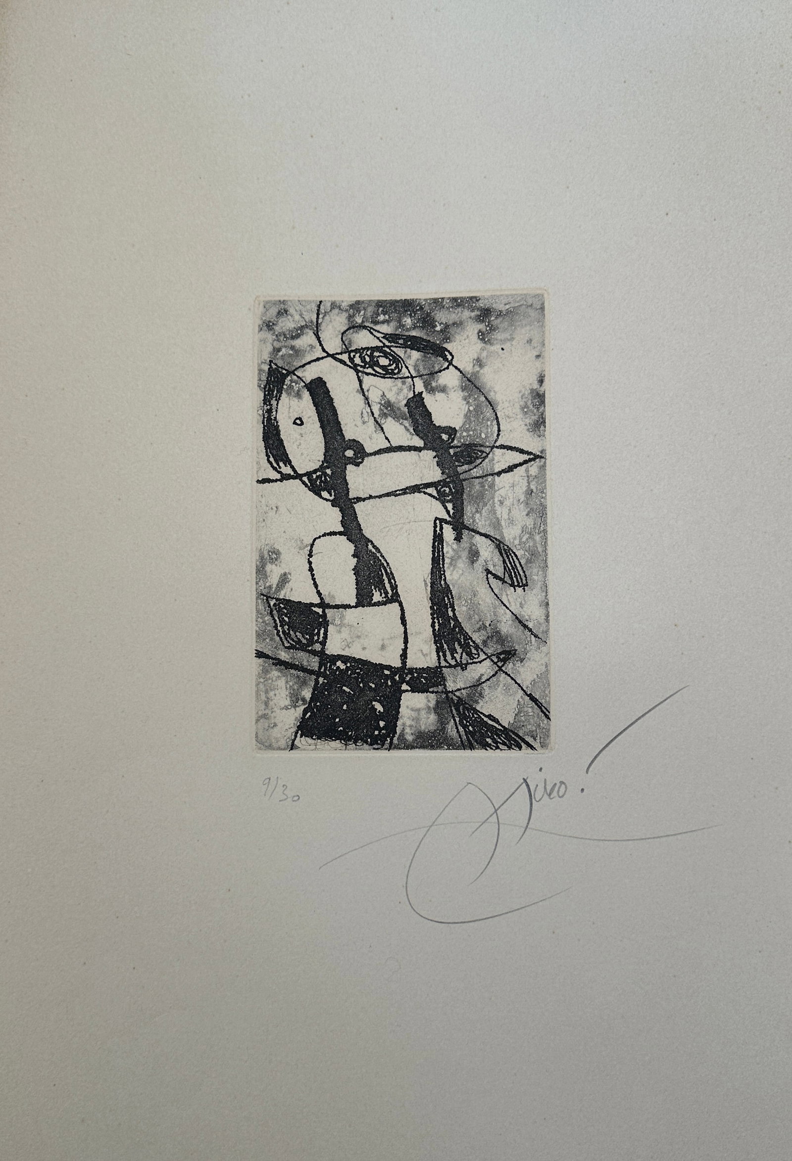Miro Saltimbanques. Etching Signed/numbered one of 30 copies: Joan Miro Plate VII from the suite Les Saltimbanques, 1975 Original etching printed in black on Arches wove paper, signed and numbered from the edition of 30. Published by Maeght and printed by Morsan