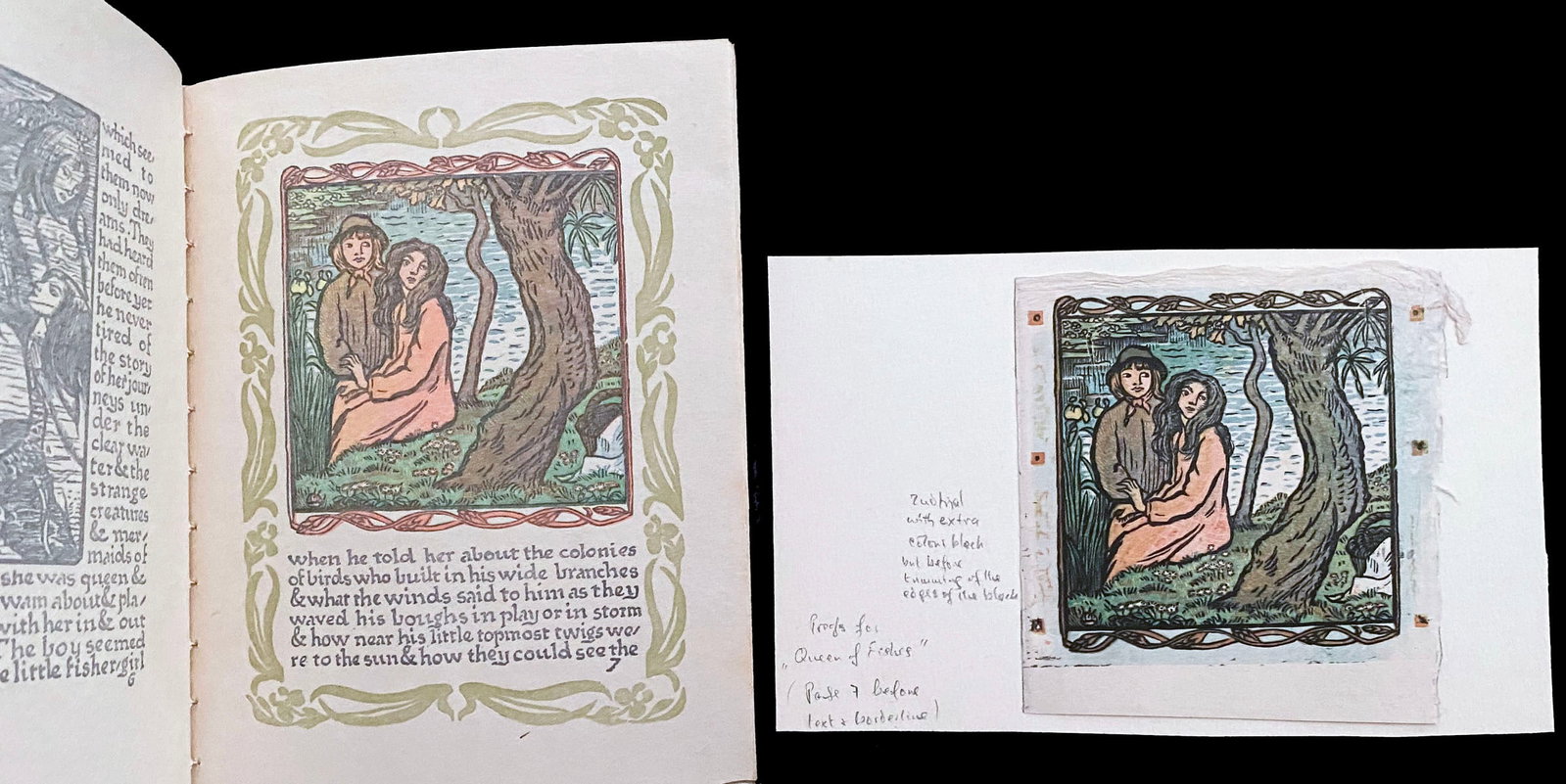 Pissarro, Lucien. The Queen of The Fishes. With 12 Woodcuts + 2 extra leafs: Eragny Press for Vale Publications sold by John Lane at the sign of Bodley Head in Virgo Street London, 1894. - An adaption in English of a fairy tale of Valois, by Margaret Rust, Illustrated with 12
