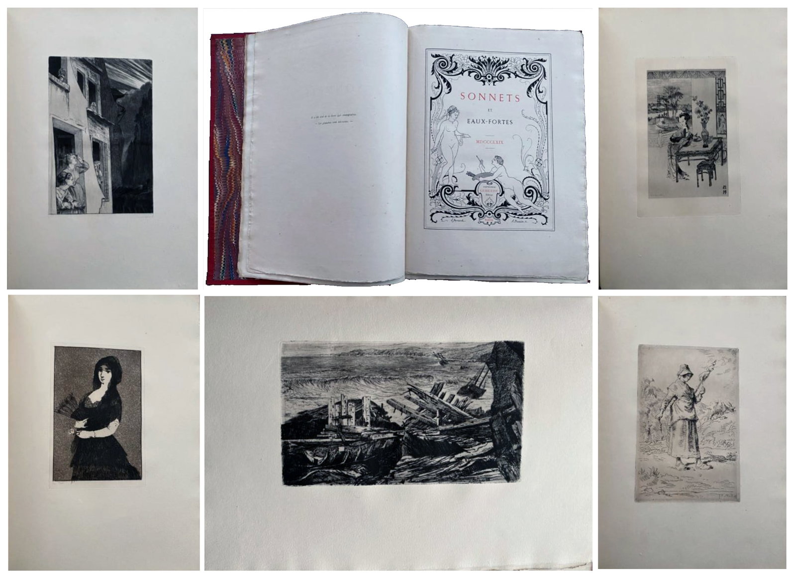 Sonnets et Eaux-Fortes. 1869. 42 etchings by Manet, Dore, Corot, Braquemond, Hugo, & others: Sonnets et Eaux-Fortes. A collection of 42 poems illustrated by 42 etchings published under the direction of Philippe Burty. Edition Alphonse Lemerre, Paris 1869. Limited edition of 350 copies, after