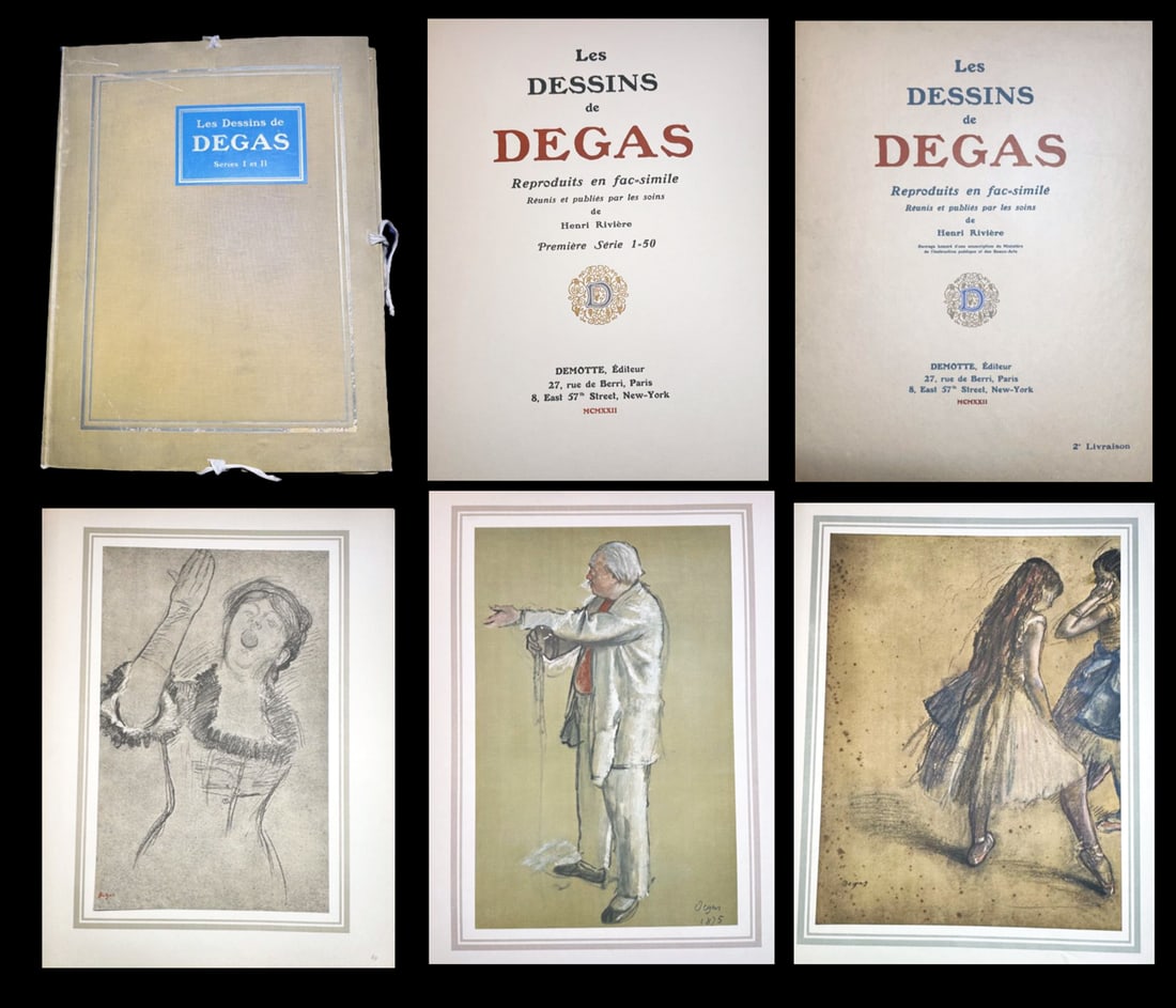Les Dessins de Degas, 1922–1923 with 100 prints: Les Dessins de Degas, 1922–1923 Portfolio. Published by P. Demotte, including both the 1922 and 1923 series with foreword by Henri Rivière. Contains all 100 heliogravure plates with title p