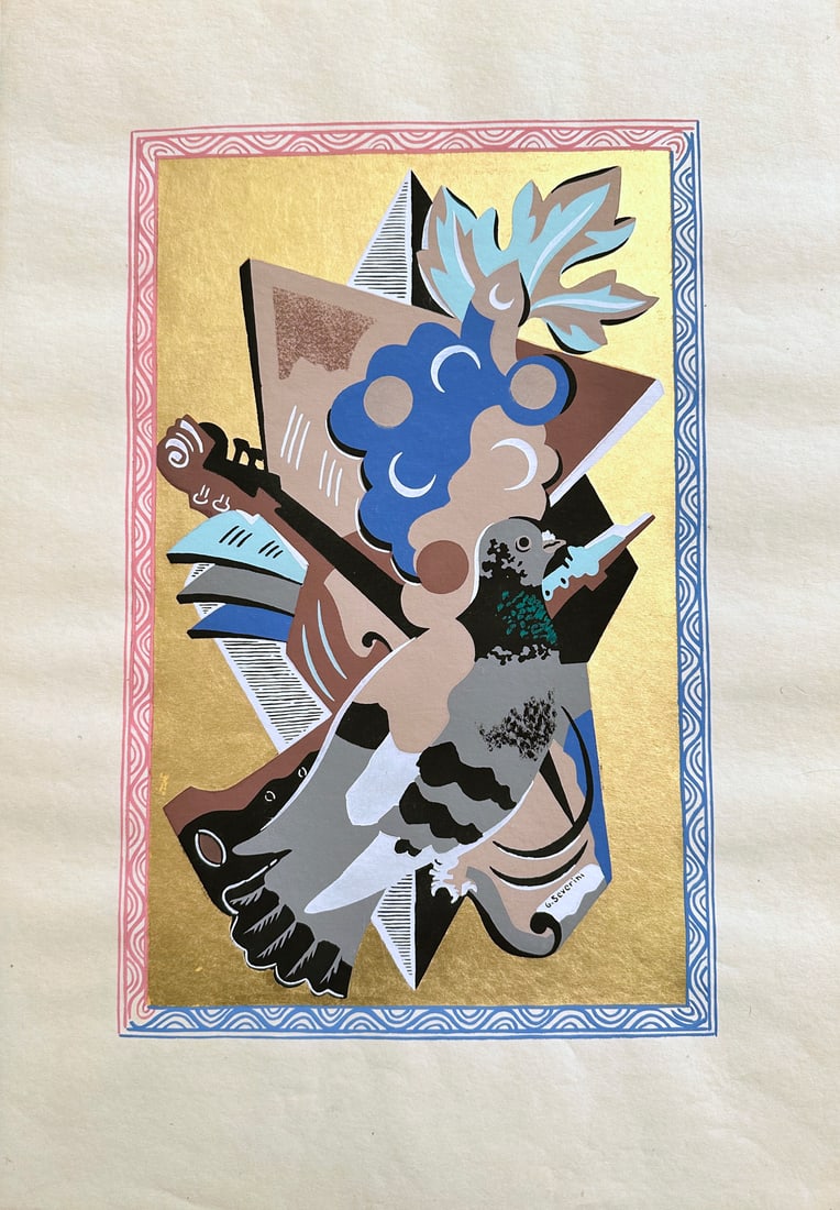 Gino Severini Pochoir. Nature Morte au Pigeon, 1930. One of 125 copies: Pochoir in color and with gold leaf on Lafuma paper. Signed G. Severini in plate, lower right. An impression of the definitive state from the edition of 125. Published by Etchells &MacDonald, London, 
