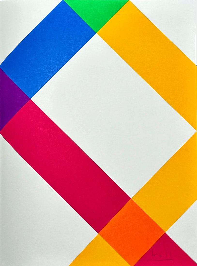 Max Bill. Signed Lithograph. 1978. One of 115 copies.: Lithograph in color by Max Bill signed in pencil on the lower right corner, and numbered in verso. One of 115 copies numbered in Arabic numerals in Rives paper. Published in 1978 by Erker Presse, for 