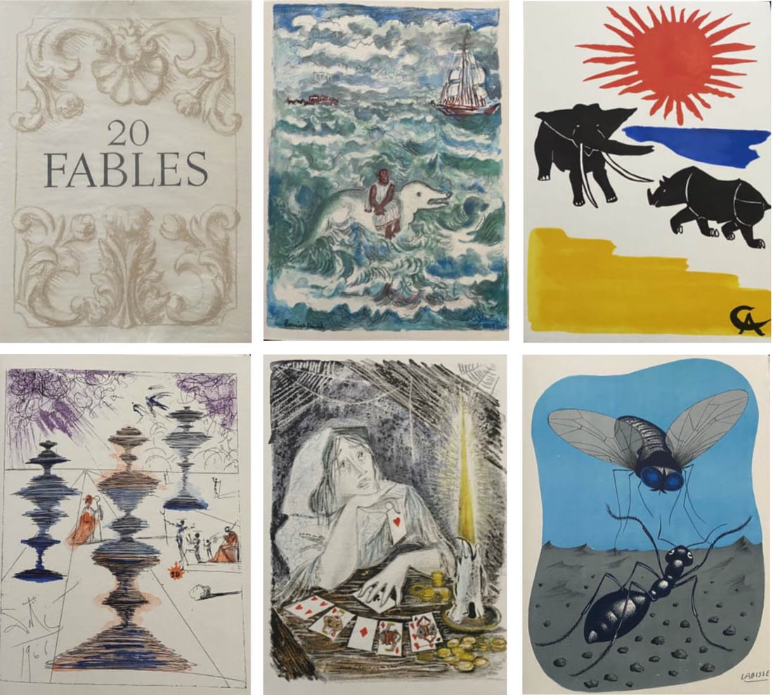 Fables de la Fontaine. 1966, with lithographs by Calder, Dali, Hugo, and others.: Jean Cassou. C. De Acevedo, Paris 1966.Limited numbered edition. Each fable is illustrated with two lithographs, one in full page, and one in text, by the following artists: Yves ALIX, CALDER, A.M. CA
