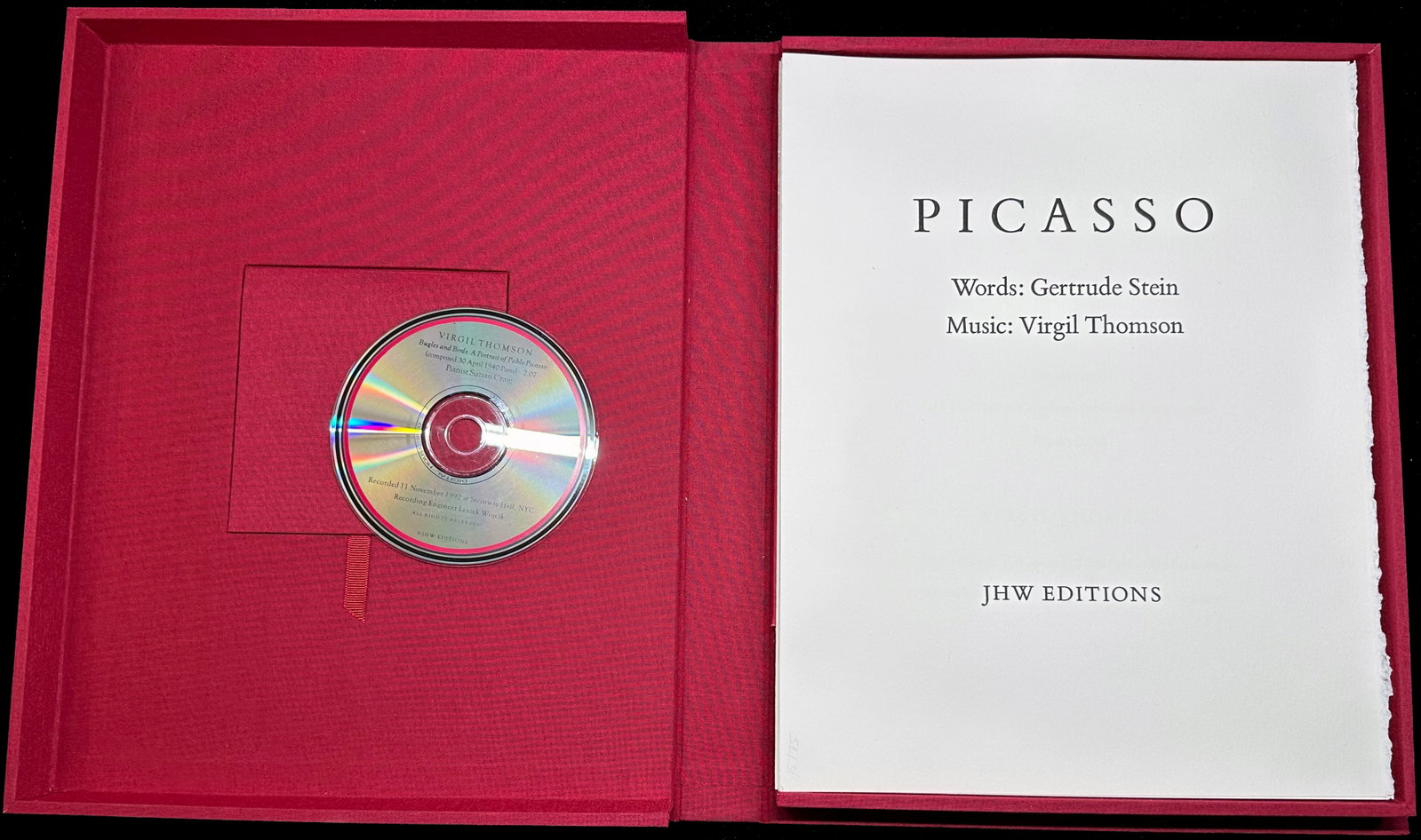 Gertrude Stein / Virgil Thomson. Picasso. 1992: JHW Editions, 1992. Limited edition, one of 275 numbered copies (from a total edition of 300). A fine?press literary and musical portfolio in folio format, issued as loose sheets. It includes Stein