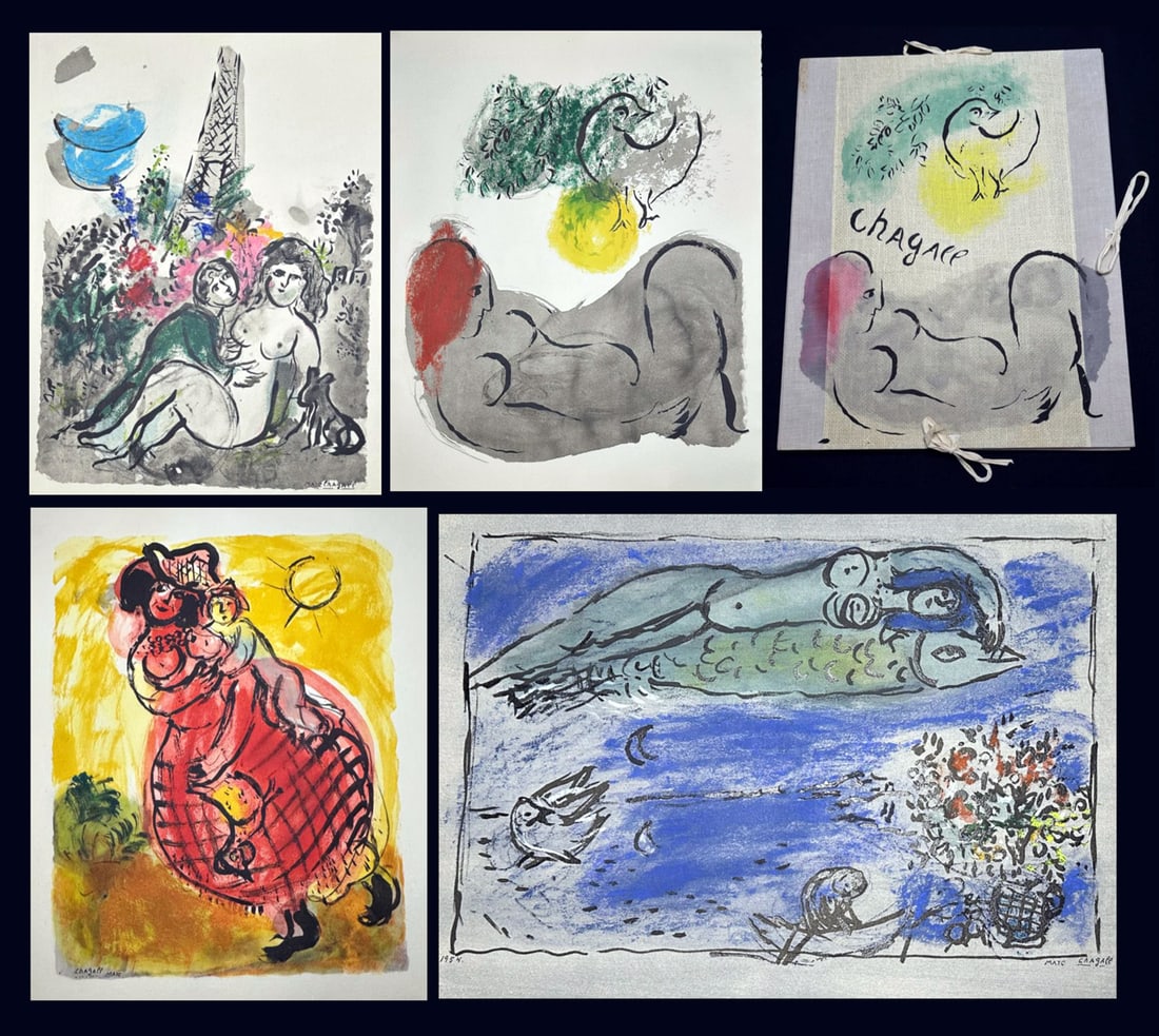 Chagall, Marc. Couleur Amour 13 Aquarelles. Gouaches, Lavis de Marc Chagall.: Au Vent d'Arles. Paris 1958 Preface by Jean Cassou. Large portfolio with 13 pochoirs realized by Daniel Jacomet after Chagall art works. Limited and numbered edition of 300 copies in Arabic + 20 out o