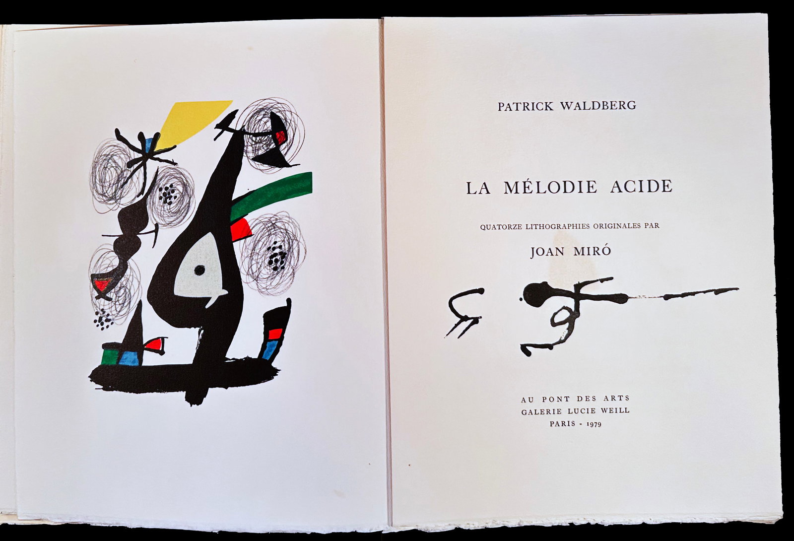 Miró, La Mélodie Acide. 14 lithographs signed on the stone.: Au Pont des Arts, Galerie Lucie Weill, Paris, 1980.A series of 14 color lithographs, each signed on the stone and numbered in pencil; loose sheets as issued, complete with the justification page and