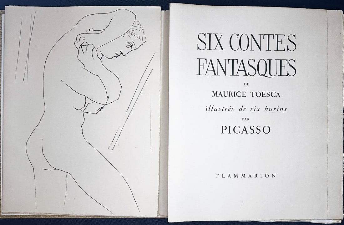 Picasso. Six Contes Fantastiques, With 6 Engravings.: Maurice Toesca. Paris, Flammarion, 1953 Illustrated with 6 engravings with burin by Picasso. Loose as issued in the original printed wrappers, complete with cloth chemise and matching slipcase. One