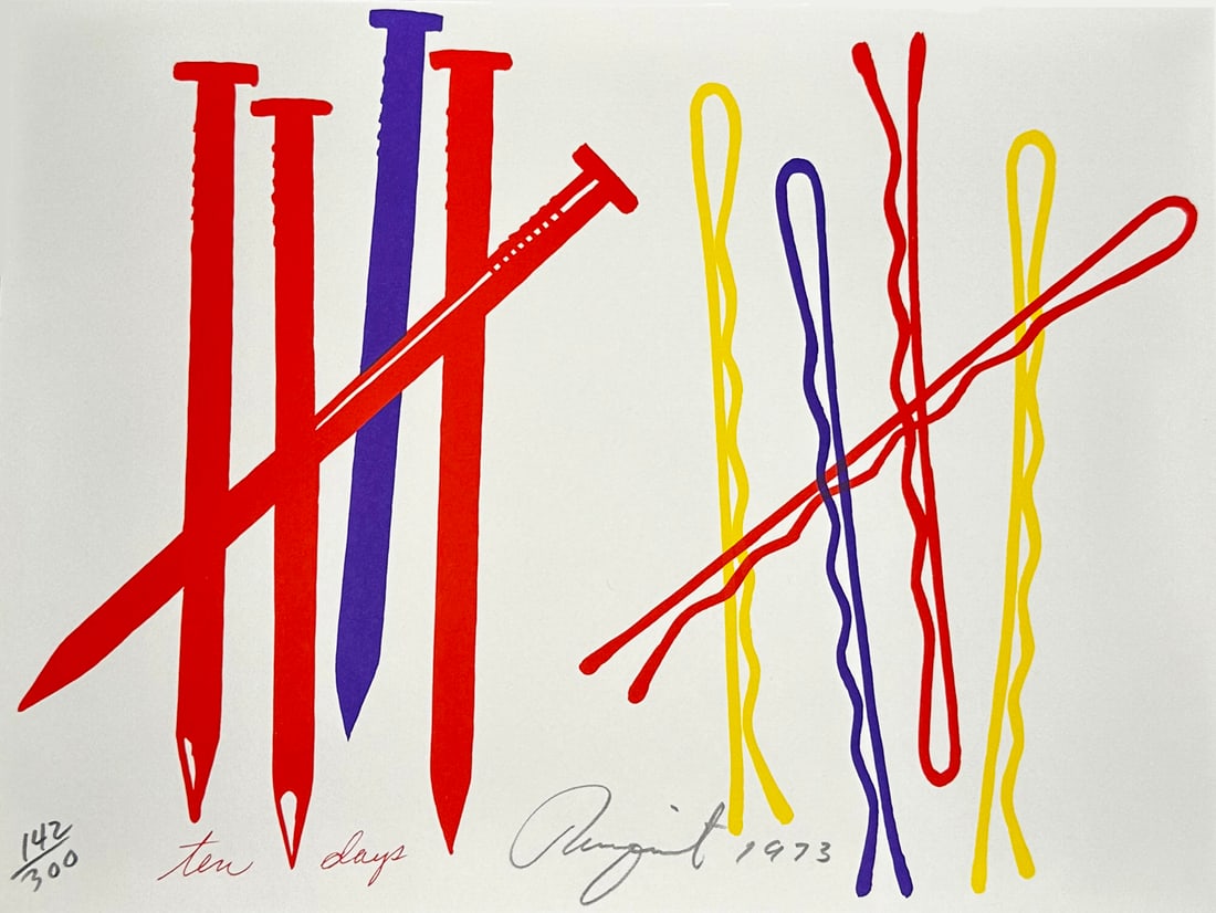 James Rosenquist signed Screenprint. 1973. One of 300 copies.: Ten Days. 1973, screenprint in colors. Signed, dated and numbered to lower edge. Stamped on verso Copyright 1973 By James Rosenquist Printed At Styria Studio. This work is from the edition of 300