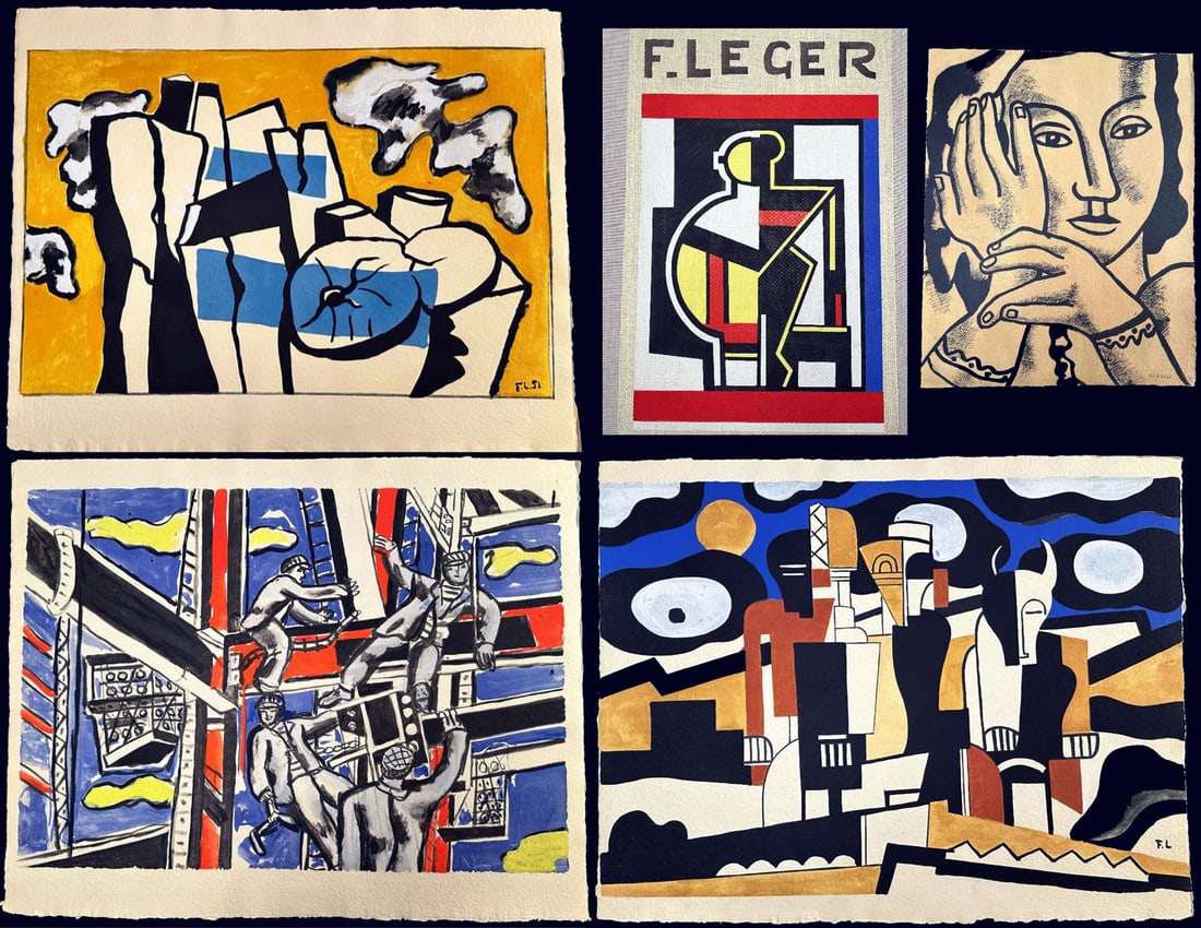 Contrastes. with 13 pochoirs after Leger: Paris: Au Vent d’Arles, 1959. Preface by Louis Aragon. Large portfolio containing 13 pochoirs by Daniel Jacomet after Léger, issued loose on Richard de Bas paper specially watermarked for