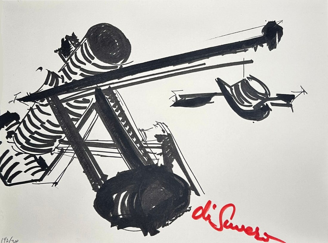 Mark di Suvero signed Screenprint. 1973. One of 300 copies.: Untitled. 1973, screenprint in black and white. Sheet: 9 x 12" (22.9 x 30.5cm). Signed and numbered on the bottom. Stamped on verso Copyright 1973 By Mark di Suvero Printed At Styria Studio. This
