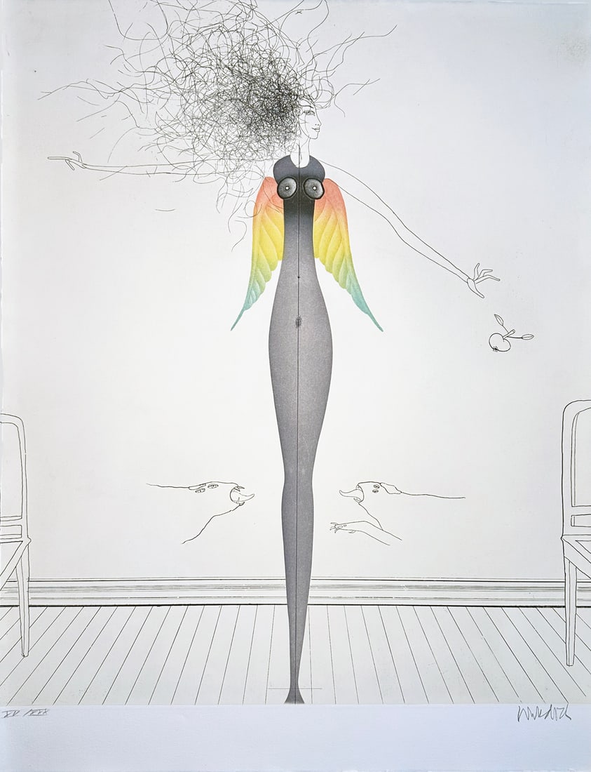 Paul Wunderlich. Etching. Signed. Bonjour Max Ernst. One of 30 copies. 1976.: Etching and aquatint in colors on Arches. One of 30 copies in Roman numerals, signed and numbered in pencil by the artist. Printed at Atelier George Visat in Paris, published by Éditions Georges 