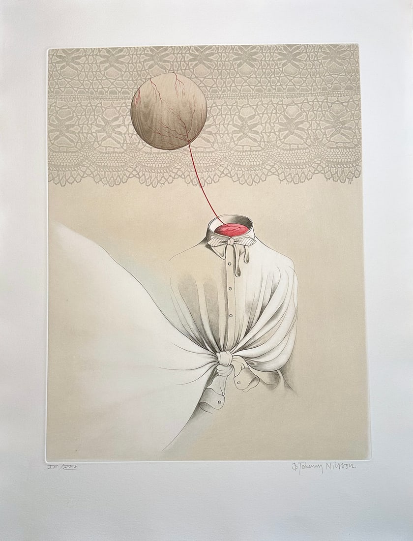 Lithograph by Bert-Johnny Nilsson. Signed. Bonjour Max Ernst. One of 30 copies. 1976.: Aquatint, burin and soft varnish in on Arches. One of 30 copies in Roman numerals, signed and numbered in pencil by the artist. Printed at Atelier George Visat in Paris, published by Éditions Geo