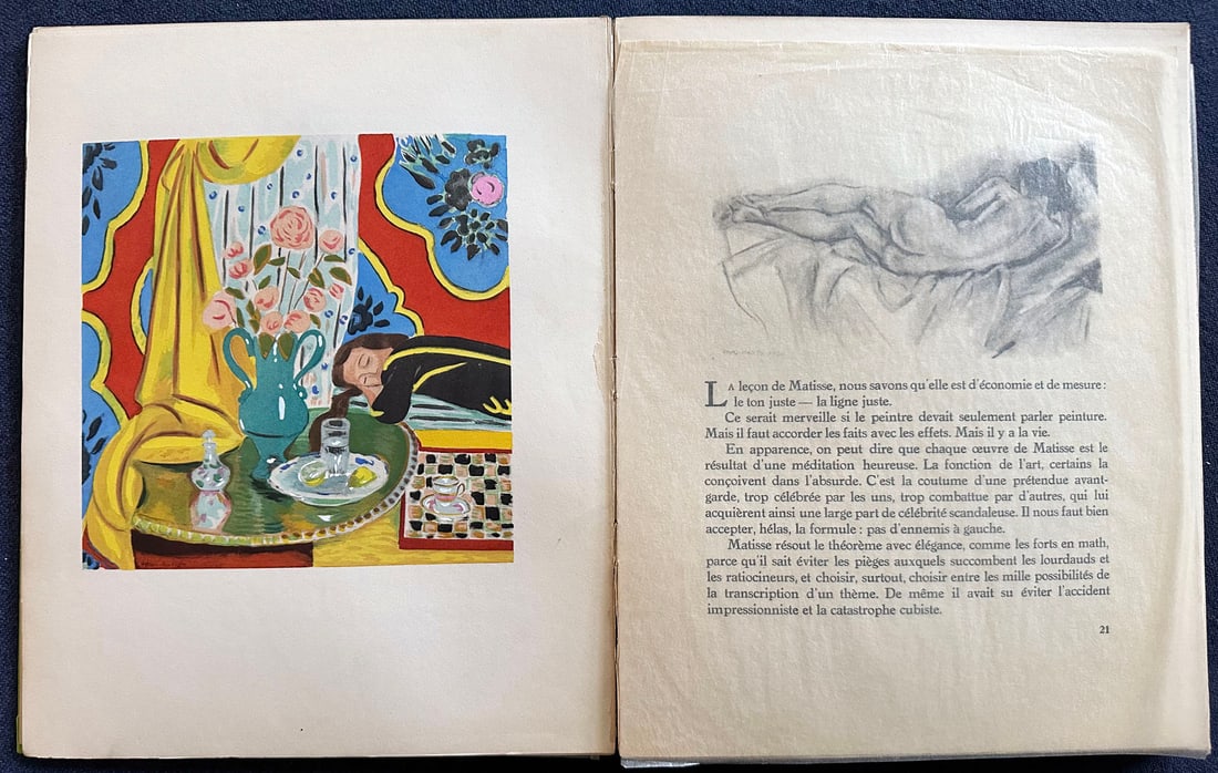 Henri Matisse par Florent Fels. 1929 With four pochoirs.: Editions des "Chroniques du jour", Paris, 1929. One of 500 numbered copies. With four color pochoirs by Matisse: Odalisque au tambour (1926) - Harmonie jaune (1927)- Le buffet (1928)- Nu (1921), and n