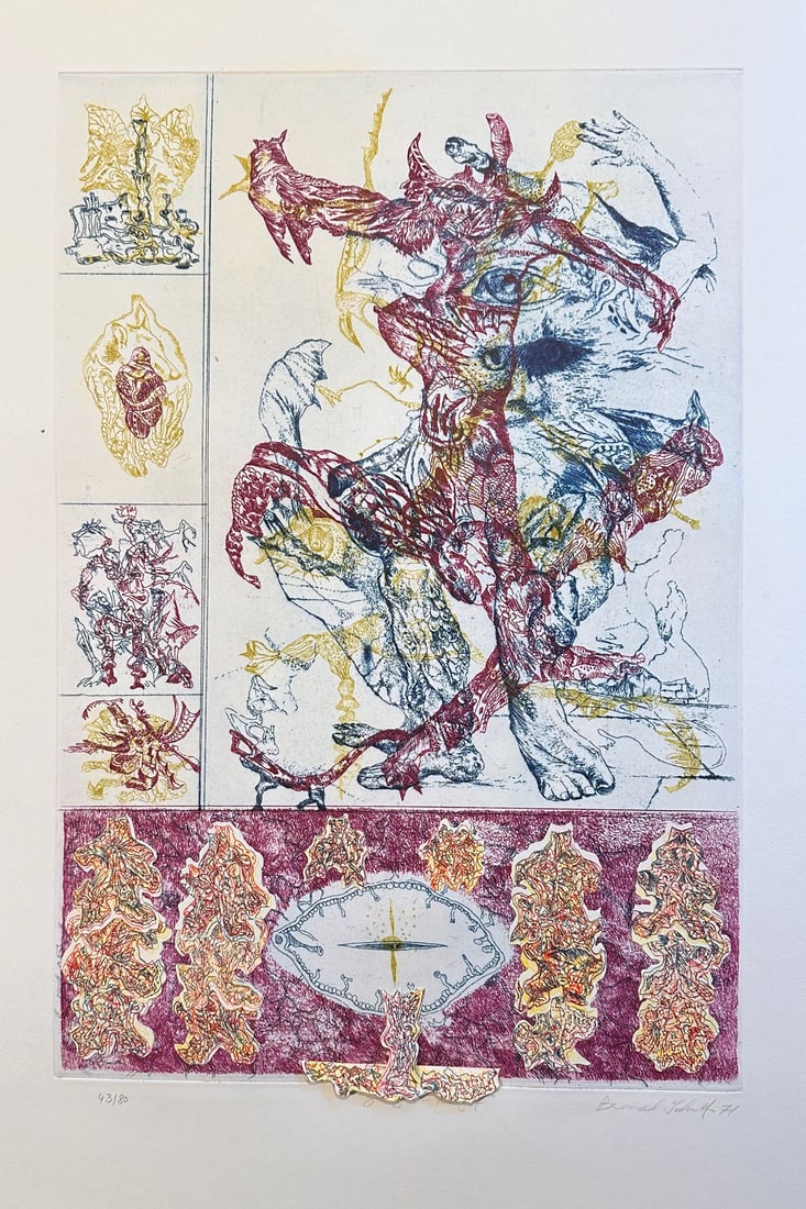 Bernard Schultze Signed etching. 1972. One of 80 copies.: Berlin, Propylaen Verlag, 1972. Original color etching printed on handmade paper from the portfolio Nach dem Surrealismus. Signed and numbered by the artist. One of 80 numbered copies. Printed by Wilh