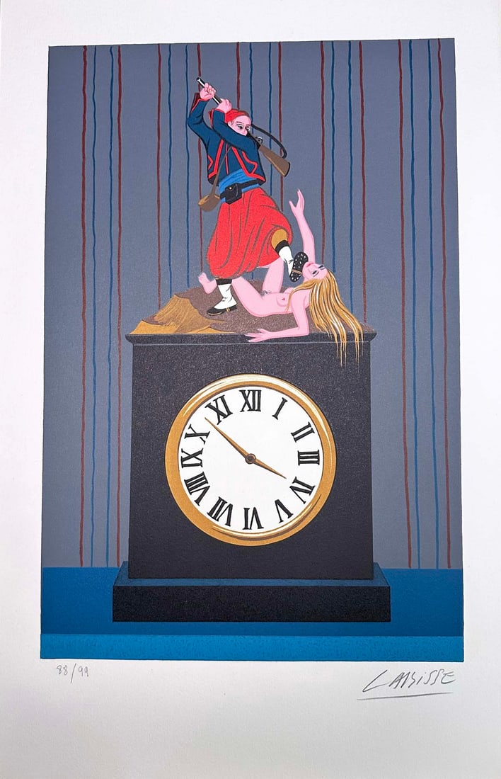 Felix Labisse signed Lithograph. 1976. One of 99 copies.: The Clock. Color lithograph by Felix Labisse. Signed and numbered by the artist in pencil. One of 99 numbered copies. Editiones de la Difference, Paris 1976. From Les Demeures d'Hypnos Album. Dimensio