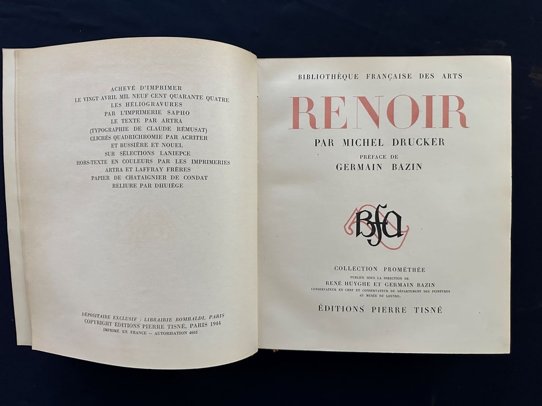 Renoir, by Michel Drucker. 1944. Richly illustrated with 164 reproductions.: Preface by Germain Bazin, published by Editions Pierre Tisné. Rebounded with marbled leather hard copy. In very good condition.