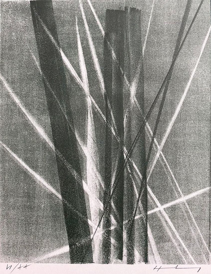 Hans Hartung signed and numbered Lithograph. 1966. One of twenty copies.: Green-Gray lithograph by Hans Hartung. Signed and numbered in pencil by the artist. One of twenty copies numbered in roman numerals. Part of the portfolio Hommage a Hans Arp, St Gallen, Galerie im Erk