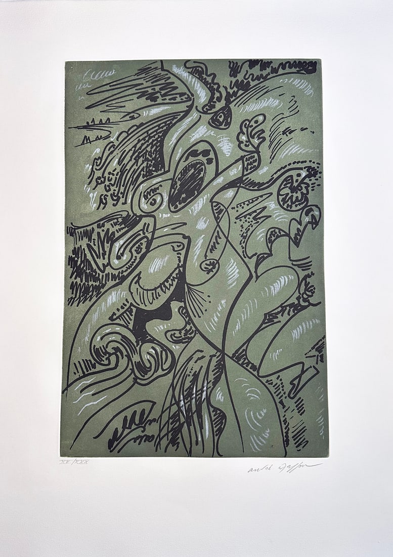 André Masson. Etching. Signed. Bonjour Max Ernst One of 30 copies. 1976.: Etching and aquatint in colors on Arches. One of 30 copies in Roman numerals, signed and numbered in pencil by the artist. Printed at Atelier George Visat in Paris, published by Éditions Georges 