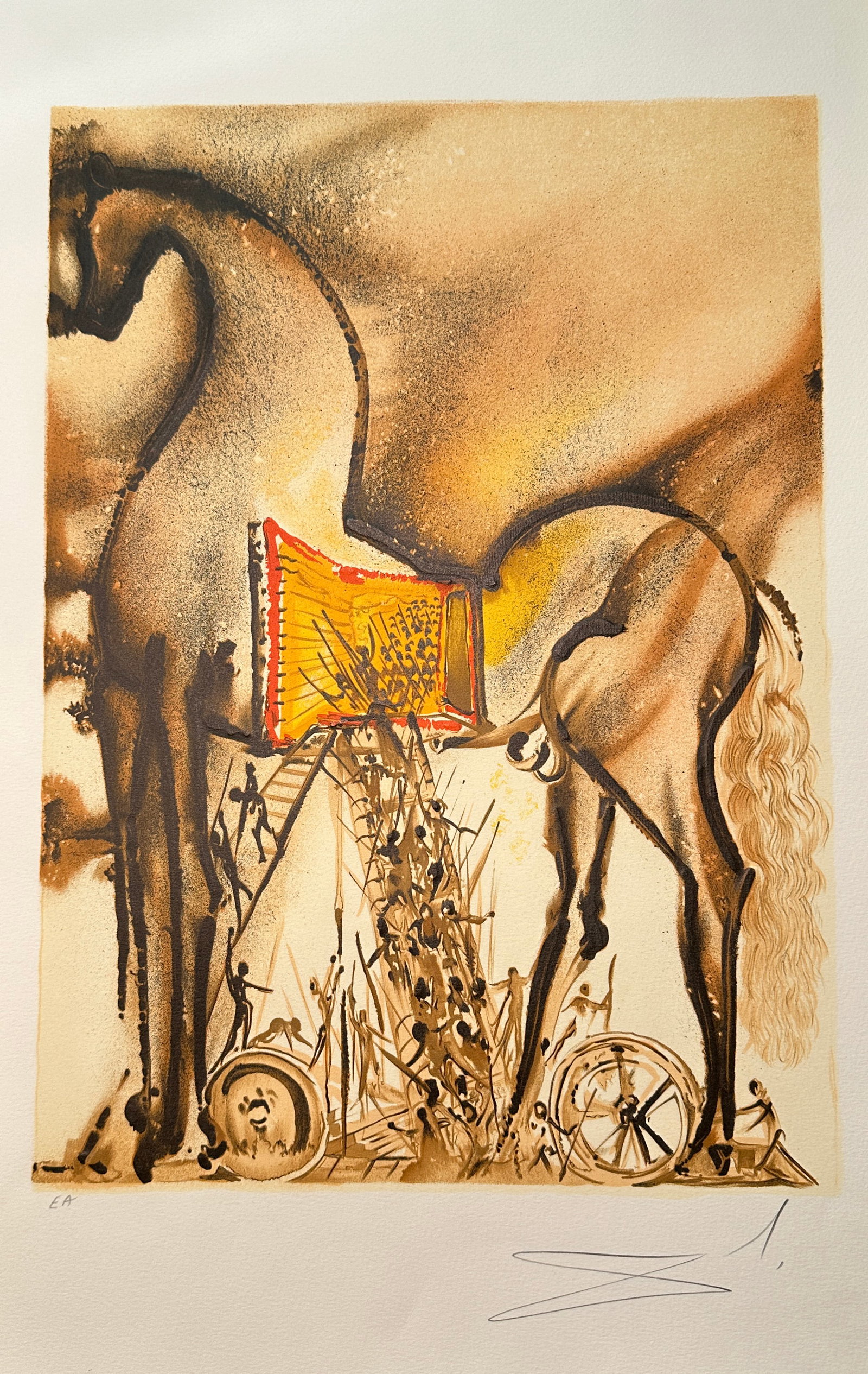 Les chevaux de Dali. The Trojan Horse. E.A. Signed in pencil: The Trojan Horse. Lithograph in color with embossing, numbered E.A. and signed Dali in pencil. From Les chevaux de Dali edition 1983. We do not guarantee authenticity of the signature. Dimension: