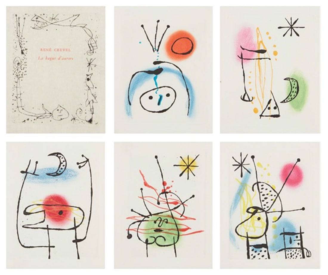 Miro. La Bague De Aurore. With 6 Etchings. 1957.: La bague de aurore Louis Broder, Paris 1957. First edition, 4th volume of the collection Mirror of the poet. Illustrated with a dry point in black printed on Japanese paper for the cover, and 5 origin