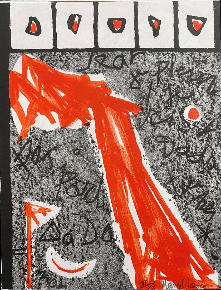 Marcel Janco signed and numbered Lithograph. 1966. One of twenty copies.: DADA original lithograph in black and red by Marcel Janco. Signed and numbered in pencil by the artist. One of twenty copies numbered in roman numerals. Part of the portfolio Hommage a Hans Arp, St Ga