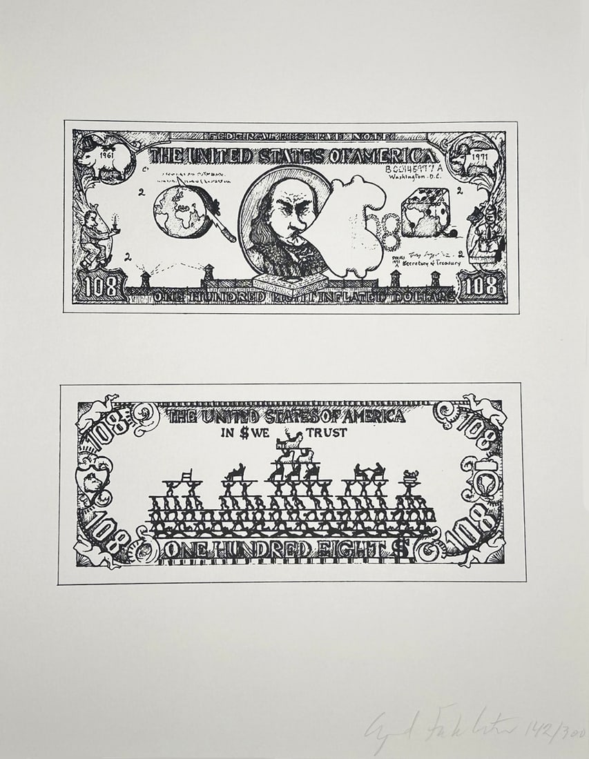 Öyvind Fahlström signed Screenprint. 1973. One of 300 copies.: $108 Bill. 1973, screenprint in black and white. Sheet:12 x 9" (30.5 x 22.9cm). Signed and numbered on the bottom right. Stamped on verso Copyright 1973 By Öyvind Fahlström Printed At Styria