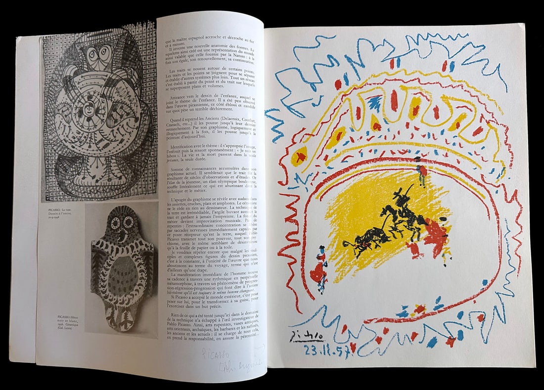XXe Siecle 10. With 4 color lithographs by Picasso, Dubuffet, Poliakoff and Zao Wou-Ki.: Cahiers d’Art, San Lazzaro, Paris, 1958 With 4 color lithographs by Picasso (La petite corrida), Dubuffet, Poliakoff and Zao Wou-Ki, 1 print in ardesia by Ubac, 4 pochoirs in color by Miro, Max 