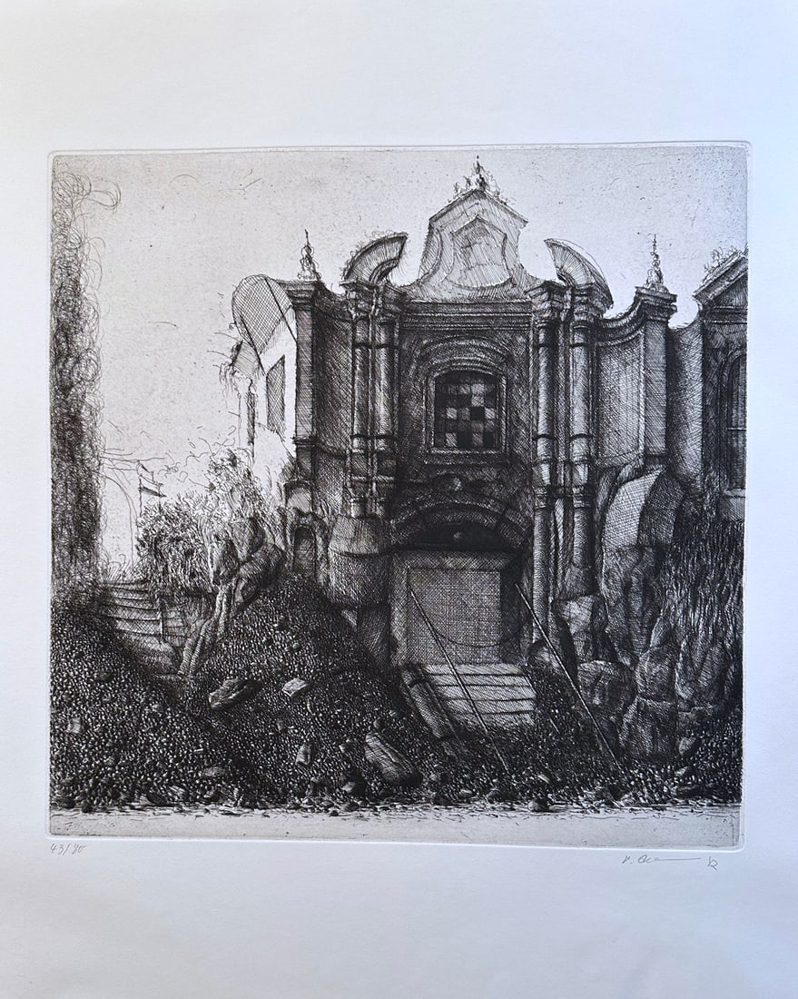 Signed etching by Peter Ackermann. 1972. One of 150 copies.: Berlin, Propylaen Verlag, 1972. Original etching printed on hanmade paper from the portfolio Nach dem Surrealismus. Signed and numbered by the artist. Printed by Il Bisonte in Florence. Print is