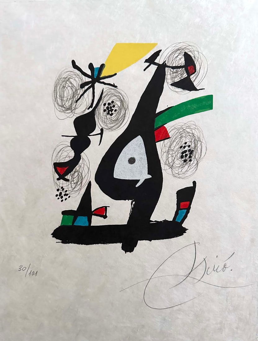Miro. Signed and numbered lithograph. La Melodie Acide, 1980.: Au Pont des Arts, Paris 1980. Lithograph in color signed and numbered in pencil by Miro from the La Melodie Acide portfolio. One of 101 copies on Japan nacre. Cramer 248.