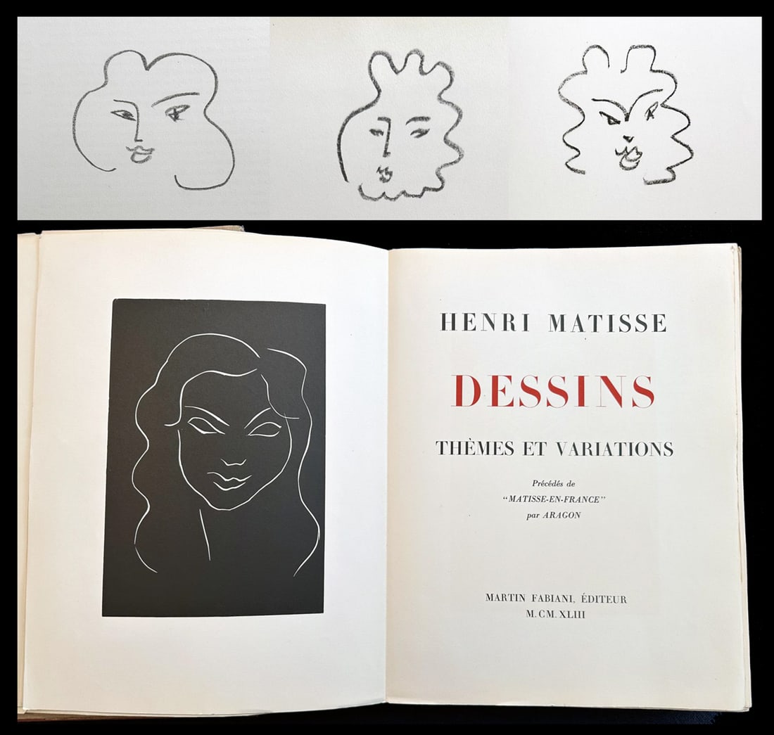 Matisse. Dessin, Themes et Variations. With one linocut, 3 lithographs and 158 drawings.: Paris: Martin Fabiani, 1943. Preface Matisse-en-France by Louis Aragon. Limited numbered edition in 950 copies, of which this copy is one of the 920 in Velin pur fil. Loose as issued in the original