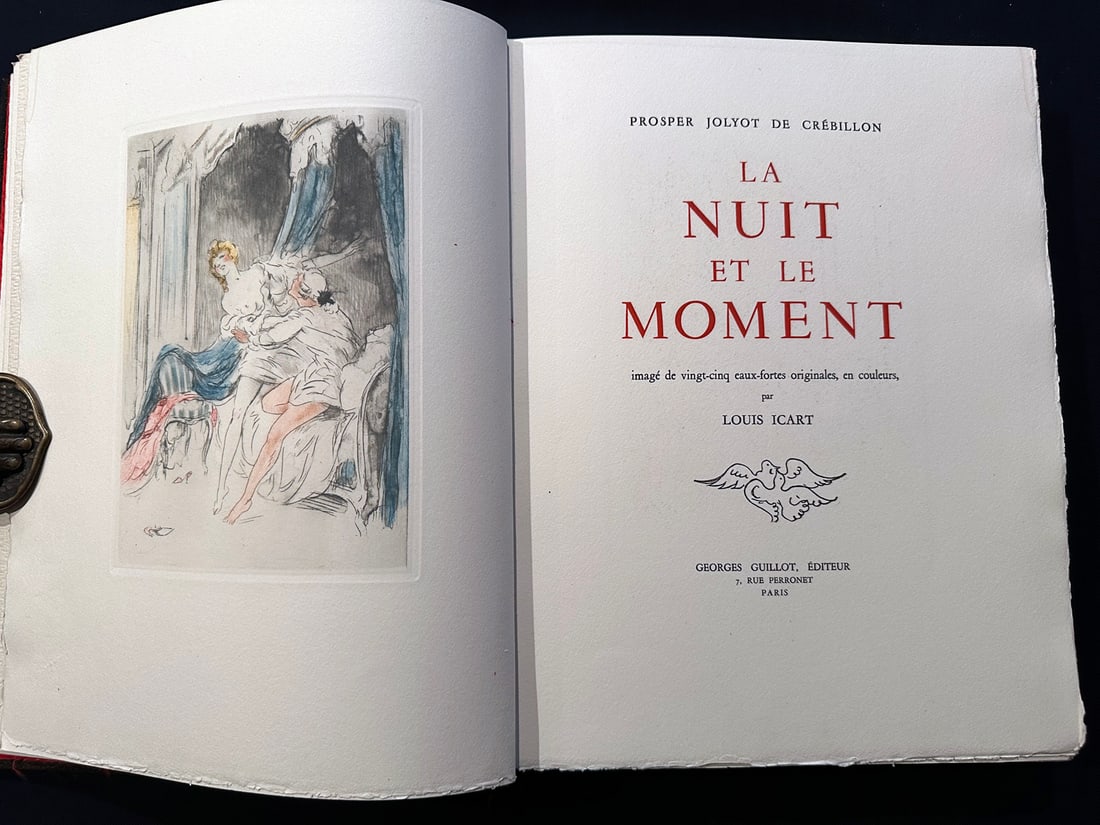 Icart. La nuit et le Moment. De Luxe with a watercolor signed in pencil + 25 etchings+suite in Japan: George Guillot, Paris 1946. DeLuxe edition one of the 100 copies on Rives paper, with a watercolor signed in pencil by Icart + 25 etchings in color + a suite of the 25 etchings in sanguine on Japan