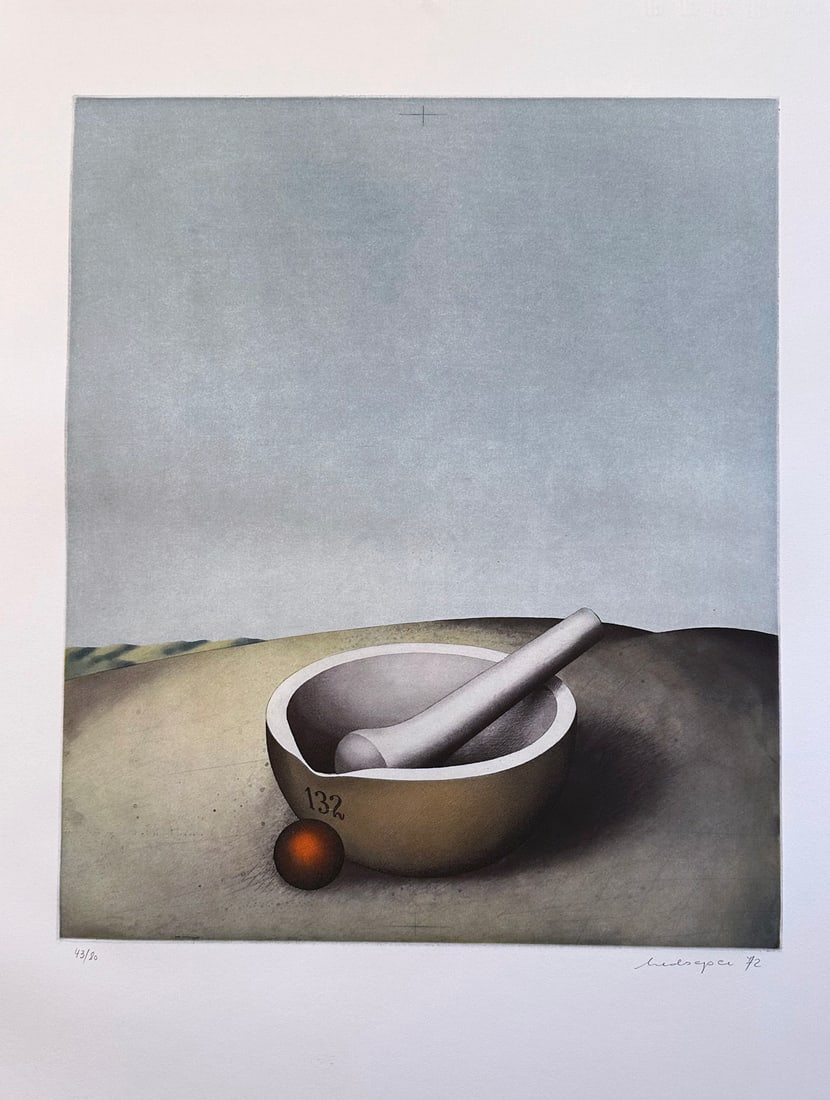 Signed etching by Friedrich Meckseper. 1972. One of 80 copies.: Berlin, Propylaen Verlag, 1972. Original color etching printed on handmade paper from the portfolio Nach dem Surrealismus. Signed and numbered by the artist. One of 80 numbered copies. Printed by