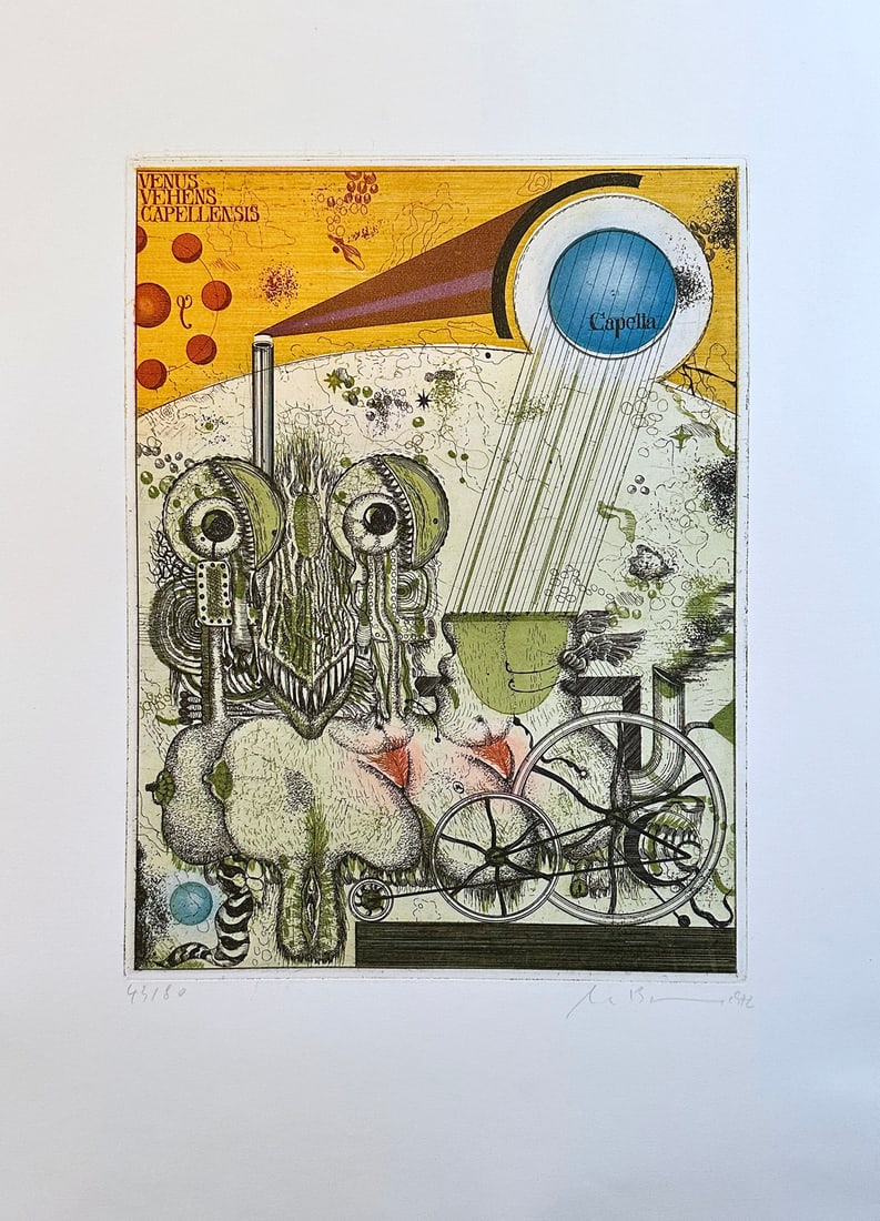 Uwe Bremer Signed etching. 1972. One of 80 copies.: Berlin, Propylaen Verlag, 1972. Original color etching printed on handmade paper from the portfolio Nach dem Surrealismus. Signed and numbered by the artist. One of 80 numbered copies. Printed by