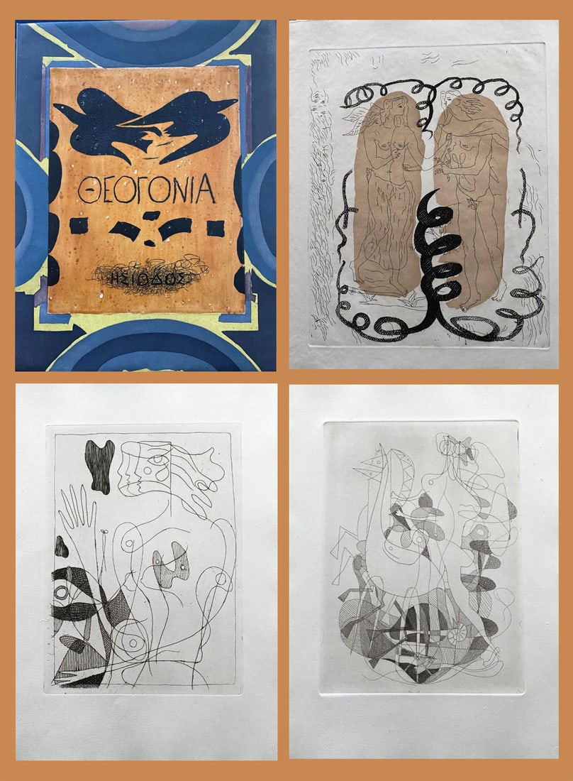 Braque. Theogonie. with 20 etchings, 1955, one of 150 copies: Théogonie, by Hésiode. Illustrated with 20 etchings by George Braque. Published by Maeght, Paris 1955. Printed by Visat. Portfolio book, complete of Greek text by Hésiode, and 20