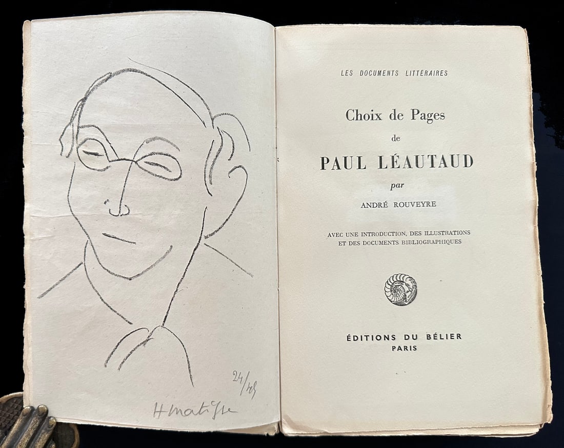 Matisse. Choix de pages de Paul Leautaud. One of 50 copies with a signed/numbered lithograph: Paul Leautaud, Andre Rouveyre. Editions du Bélier / Collection " Les Documents littéraires '' 1946. A collection of Leautaud text curated by Andre Rouveyre. One of 50 copies on chiffon