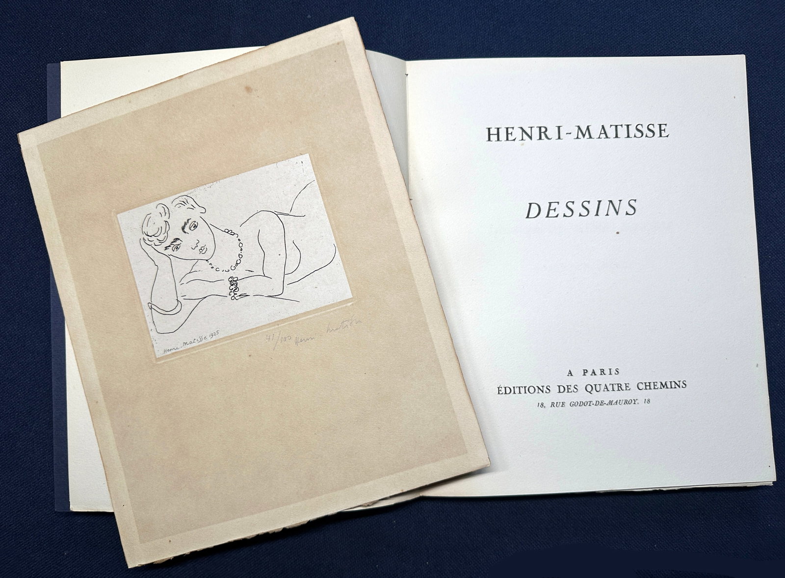 Matisse Dessins 1925. One of 100 Deluxe copies with a signed etching.: Waldemar?George (pseudonym of Jerzy Waldemar Jaroci?ski). Paris, Éditions des Quatre Chemins, 1925. One of the 100 Deluxe copies with one etching in China paper signed and numbered by Matisse. Bo