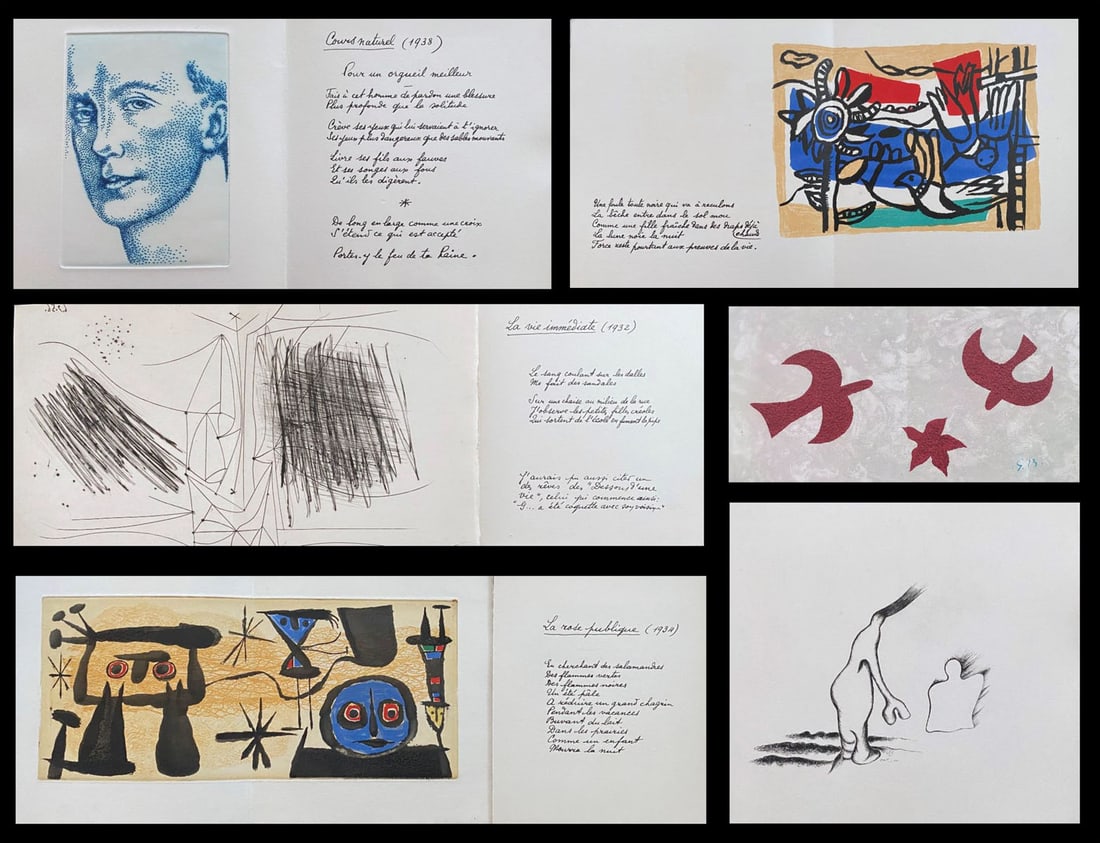 Un Poème dans Chaque Livre. With 16 prints by Picasso, Miró, Chagall, Braque and others: Louis Broder Paris, 1956. This book is a tribute to Paul Eluard, who died in 1952, and includes a collection of 12 poems printed with Eluard's handwriting in facsimile, and 16 prints that accompany th