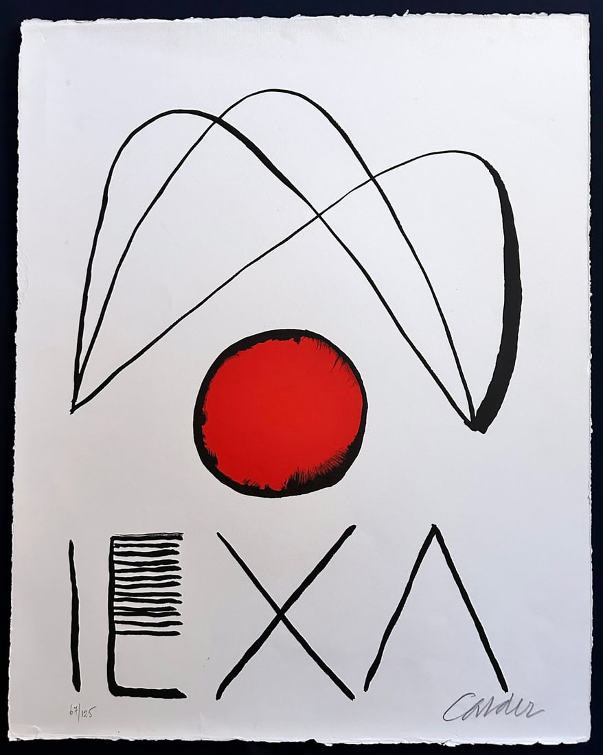 Calder. Signed lithograph. 1971. One of 125 copies: Lithograph in color on wove paper, from the portfolio El Circulo de Piedra 1971. One of 125 copies, signed and numbered in pencil by the artist. Unframed and in original folder. 22 2/5 × 17 7/10 