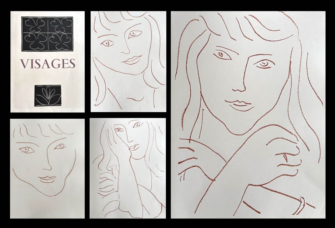Matisse, Riverdy. 1946 VISAGES With 14 lithographs: Paris, Éditions du Chêne, 1946. Poems by Pierre Riverdy. Illustrated by Matisse with 14 lithographs in sanguine in full page, cover with a linocuts in black, and black linoctus in cul-de-lampe. One 