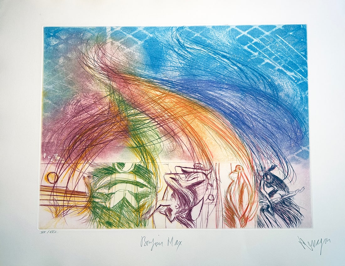 Drypoint by Jean Messagier. Signed. Bonjour Max Ernst. One of 30 copies. 1976.: Drypoint and aquatint on Arches paper. One of 30 copies in Roman number signed and numbered in pencil by the artist. Printed at Atelier George Visat in Paris, published by Éditions Georges Visat,