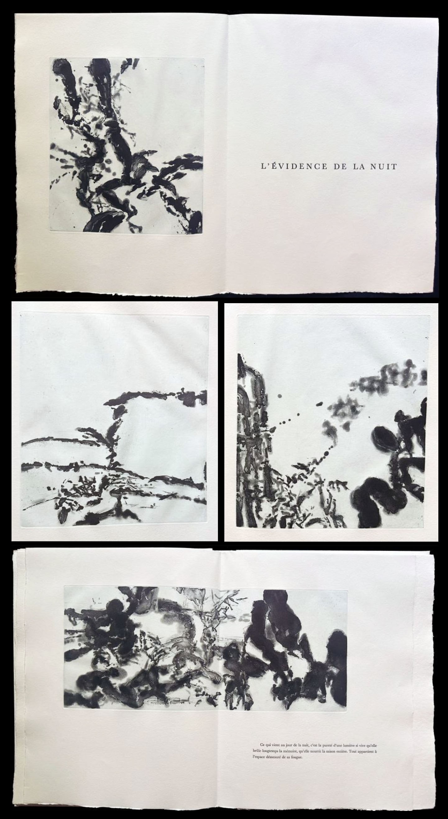 Zao-Wou-ki. L'Évidence de la nuit. With four original aquatints, 1991.: Gentilly: Jacques T. Quentin, 1991. First edition. Small folio (32 × 25 cm / 12.6 × 9.8 in), loose in folded printed wrappers and original gray cloth portfolio box.Includes four original aqu